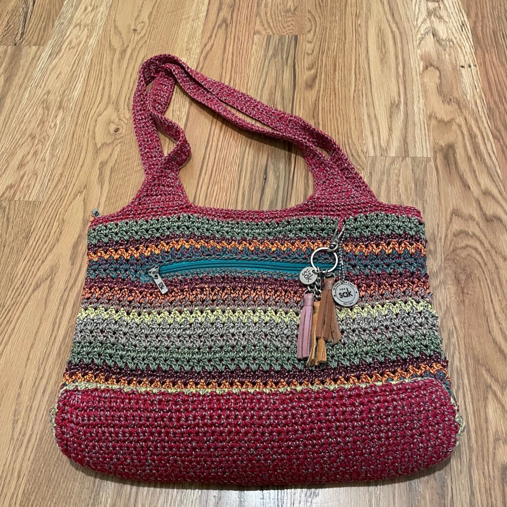The Sak Crochet Stripe Shoulder Bag Multi Color Leather Tassels - Picture 5 of 8